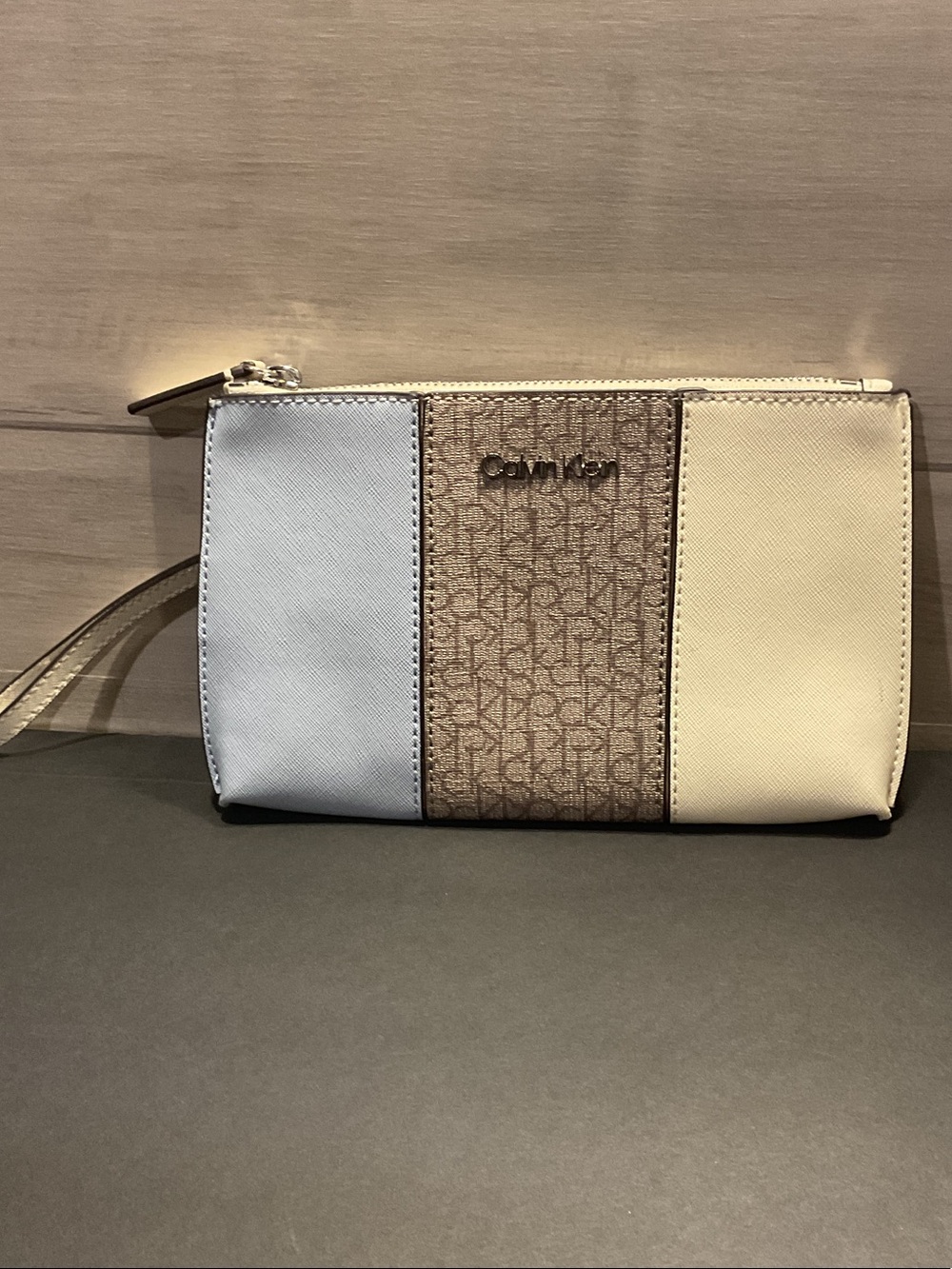 Calvin Klein Tri-Panel Wristlet in Light Blue, Beige & Cream